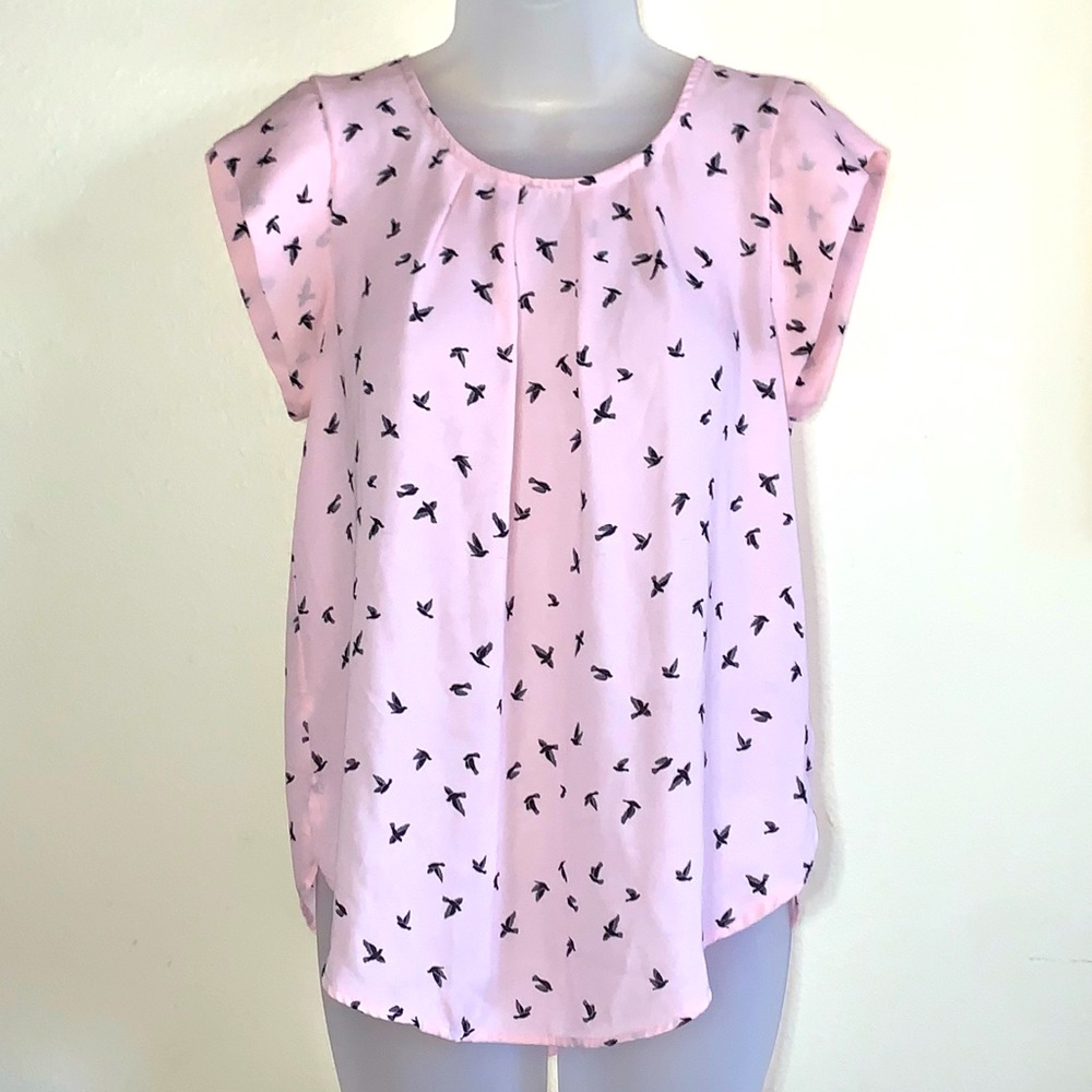 Light Pink Blouse w/ Black Bird Pattern by Sweet Rain - Sz. S